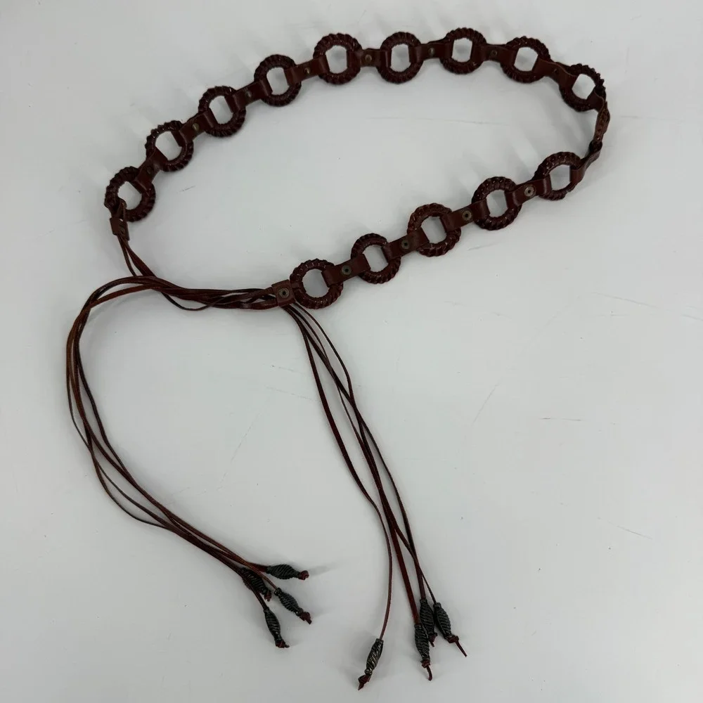 Vintage 1970s‎ Handmade Leather Ring Link Belt Boho Western Hippie Hip Tie 34